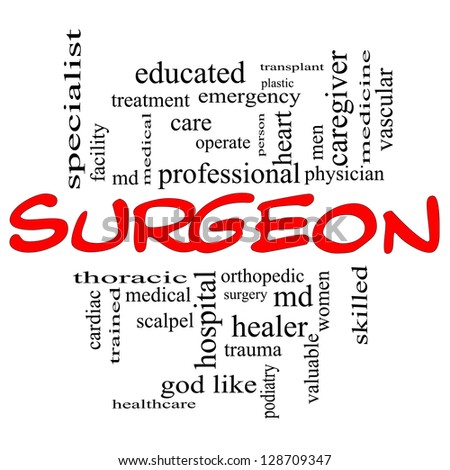 Surgeon Word Cloud Concept in red caps with great terms such as operate, surgery, orthopedic, md and more.