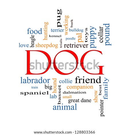 Dog Word Cloud Concept with great terms such as love, friend, best, hound and more.