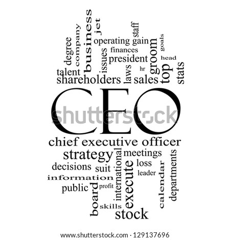CEO Word Cloud Concept in black and white with great terms such as operating gain, execute, leader and more.
