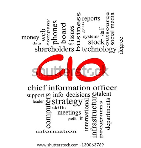 CIO Word Cloud Concept in red caps with great terms such as information, officer, data, reports and more.