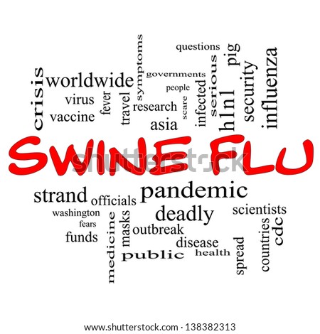 Swine Flu Word Cloud Concept in red caps with great terms such as fever, asia, pandemic, outbreak and more.