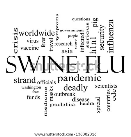 Swine Flu Word Cloud Concept in black and white with great terms such as fever, asia, pandemic, outbreak and more.