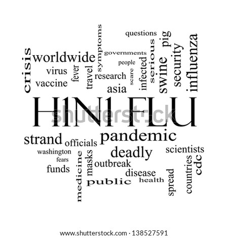 H1N1 Flu Word Cloud Concept in black and white with great terms such as fever, asia, pandemic, outbreak and more.