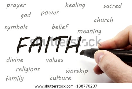 Hand writing FAITH and related words such as power, belief, worship and more.