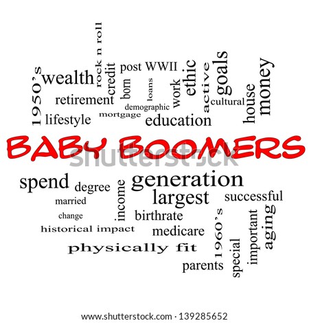 Baby Boomers Word Cloud Concept in red caps with great terms such as generation, largest, demographic and more.