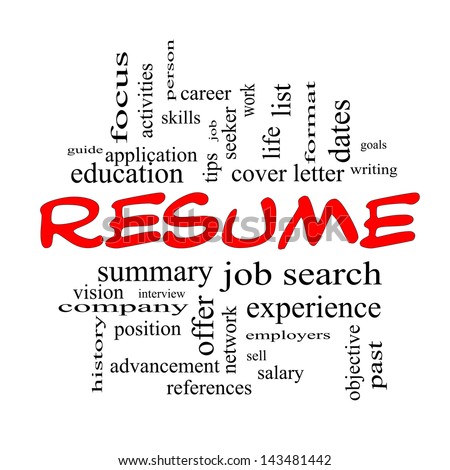 Resume Word Cloud Concept in Red caps with great terms such as career, job search, interview and more.
