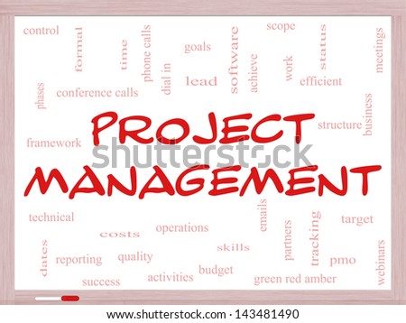 Project Management Word Cloud Concept on a Whiteboard with great terms such as pmo, lead, goals, business, meetings and more.