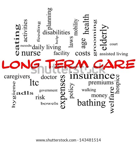 Long Term Care Word Cloud Concept in red caps with great terms such as insurance, policy, costs, elderly, age and more.