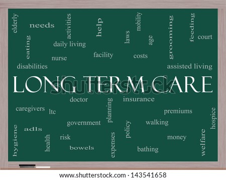Long Term Care Word Cloud Concept on a Blackboard with great terms such as insurance, policy, costs, elderly, age and more.