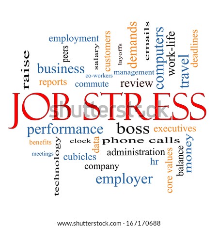 Job Stress Word Cloud Concept with great terms such as boss, commute, meetings, cubicles and more.