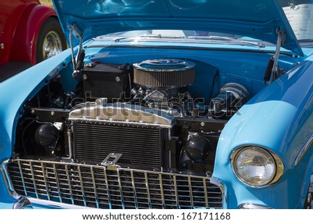 WAUPACA, WI - AUGUST 24:  Engine of 1955 Blue and White Chevy Bel Air Car at Waupaca Rod and Classic Annual Car Show August 24, 2013 in Waupaca, Wisconsin.
