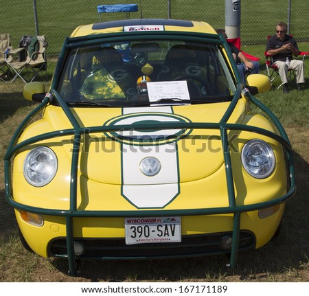 WAUPACA, WI - AUGUST 24:  Front of 2002 Green Bay Packers VW Beetle Car at Waupaca Rod and Classic Annual Car Show August 24, 2013 in Waupaca, Wisconsin.