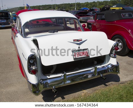 WAUPACA, WI - AUGUST 24:  Back of a red and white1956 Chevy Bel Air car at Waupaca Rod and Classic Annual Car Show August 24, 2013 in Waupaca, Wisconsin.