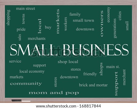 Small Business Word Cloud Concept on a Blackboard with great terms such as shop, local, community, support, stores and more.