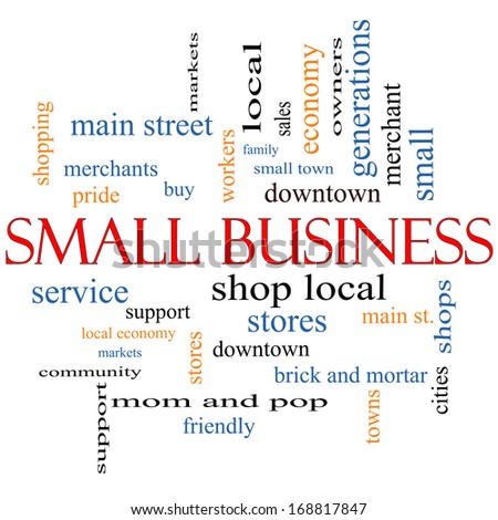 Small Business Word Cloud Concept with great terms such as shop, local, community, support, stores and more.