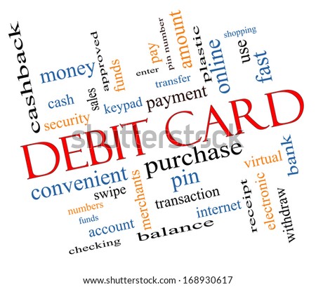 Debit Card Word Cloud Concept Slanted for effect with great terms such as swipe, merchants, payment, pin and more.