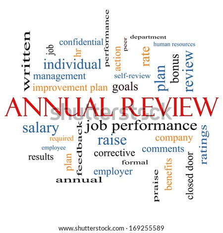 Annual Review Word Cloud Concept with great terms such as job performance, plan, hr, goals and more.