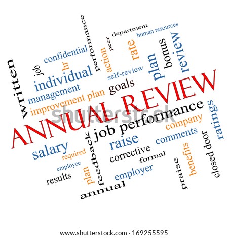 Annual Review Word Cloud Concept Angled with great terms such as job performance, plan, hr, goals and more.