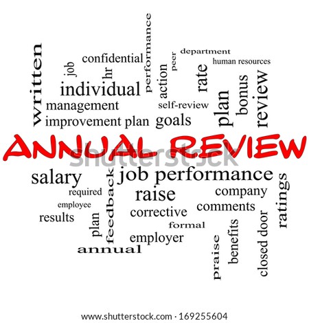 Annual Review Word Cloud Concept in red caps with great terms such as job performance, plan, hr, goals and more.