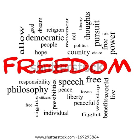 Freedom Word Cloud Concept in red caps with great terms such as free, life, hope, peaceful and more.