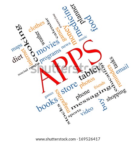 Apps Word Cloud Concept Angled with great terms such as games, videos, tablets, music and more.