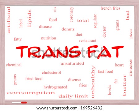 Trans Fat Word Cloud Concept on a Whiteboard with great terms such as grams, diet, unsaturated and more.