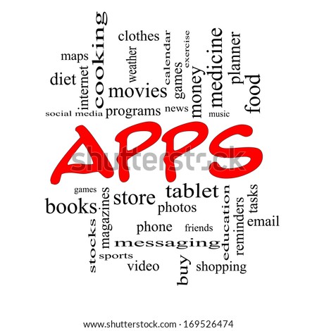 Apps Word Cloud Concept in red caps with great terms such as games, videos, tablets, music and more.