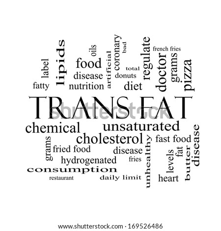 Trans Fat Word Cloud Concept in black and white with great terms such as grams, diet, unsaturated and more.
