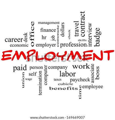 Employment Word Cloud Concept in red caps with great terms such as work, company, boss, job and more.
