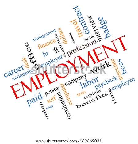 Employment Word Cloud Concept Angled with great terms such as work, company, boss, job and more.