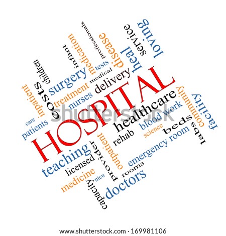 Hospital Word Cloud Concept angled with great terms such as doctors, nurses, heal, medicine and more.