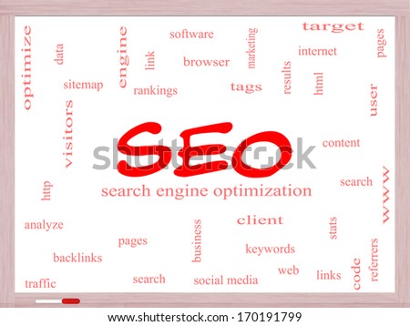 SEO Word Cloud Concept on a Whiteboard with great terms such as search, engine, optimization and more.