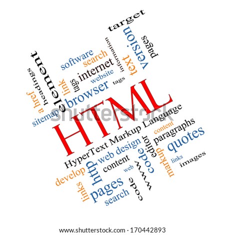 HTML Word Cloud Concept angled with great terms such as hyper, text, language, code and more.