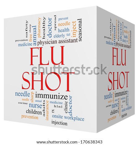 Flu Shot 3D cube Word Cloud Concept with great terms such as rx, needle, prevention, inject, medicine and more.