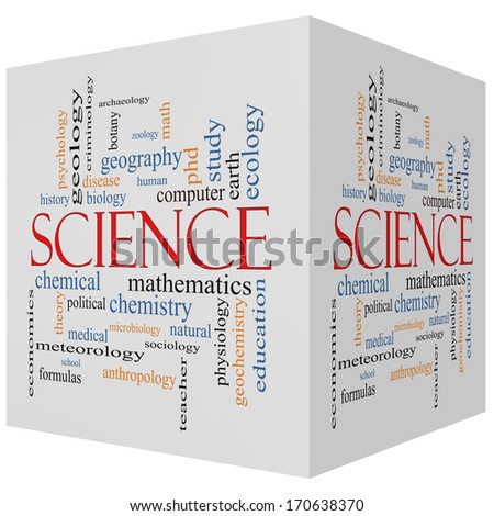 Science 3D Cube Word Cloud Concept with great terms such as biology, earth, ecology, natural and more.