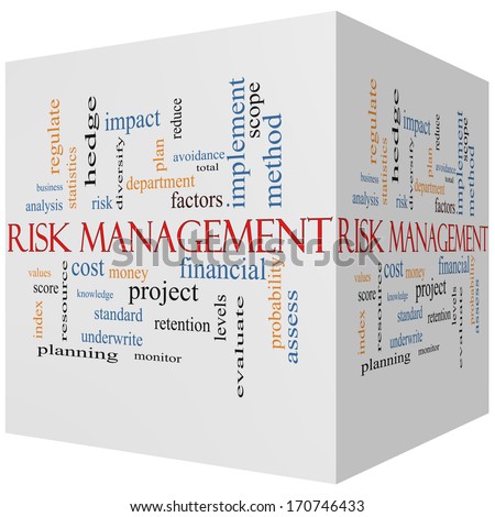 Risk Management 3D cube Word Cloud Concept with great terms such as total, factors, levels, financial and more.