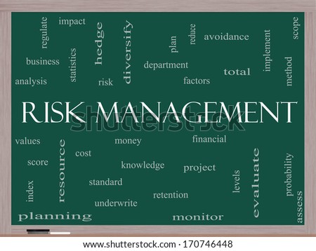 Risk Management Word Cloud Concept on a Blackboard with great terms such as total, factors, levels, financial and more.