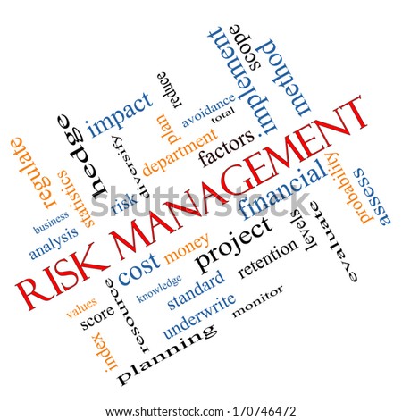 Risk Management Word Cloud Concept angled with great terms such as total, factors, levels, financial and more.