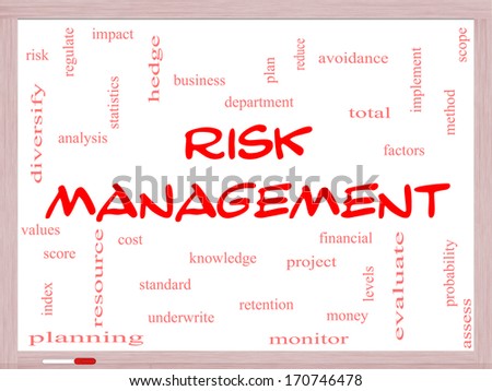 Risk Management Word Cloud Concept on a Whiteboard with great terms such as total, factors, levels, financial and more.