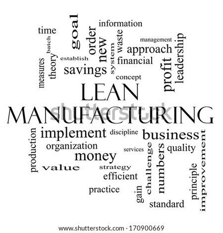 Lean Manufacturing Word Cloud Concept in black and white with great terms such as quality, discipline, concept and more.