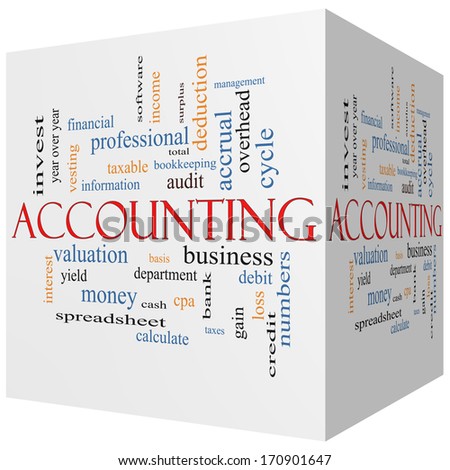 Accounting 3D cube Word Cloud Concept with great terms such as debit, loss, audit, yield and more.