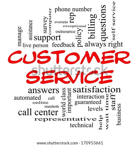 Customer Service Word Cloud Concept in red caps with great terms such as call center, help, staff, rep and more.