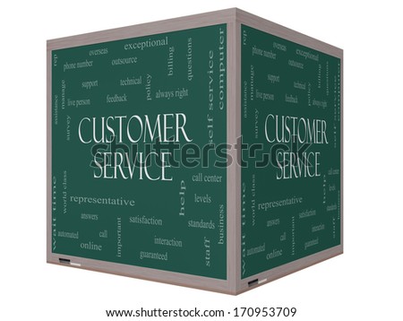 Customer Service Word Cloud Concept on a 3D cube Blackboard with great terms such as call center, help, staff, rep and more.