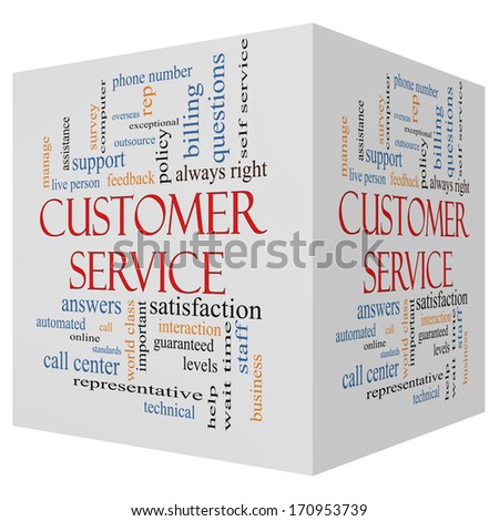 Customer Service 3D cube Word Cloud Concept with great terms such as call center, help, staff, rep and more.