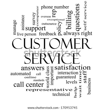 Customer Service Word Cloud Concept in black and white with great terms such as call center, help, staff, rep and more.