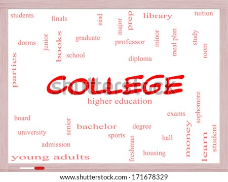 College Word Cloud Concept on a Whiteboard with great terms such as tuition, study, student, major and more.