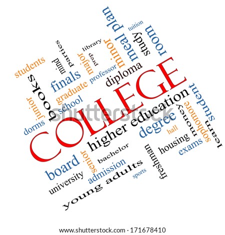 College Word Cloud Concept angled with great terms such as tuition, study, student, major and more.