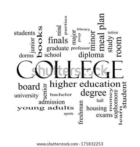 College Word Cloud Concept in black and white with great terms such as tuition, study, student, major and more.