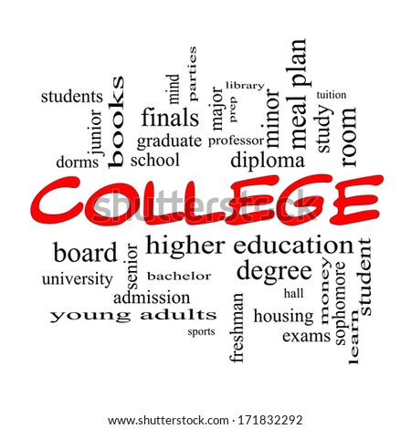 College Word Cloud Concept in red caps with great terms such as tuition, study, student, major and more.