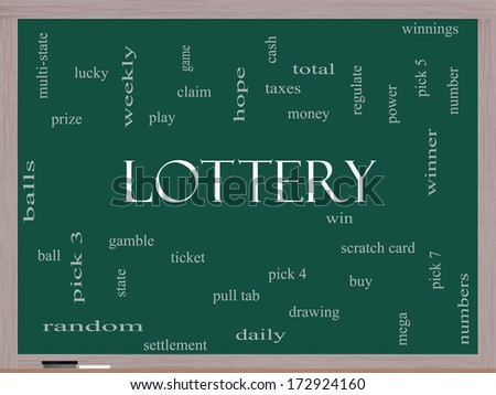 Lottery Word Cloud Concept on a Blackboard with great terms such as play, win, tickets, numbers and more.